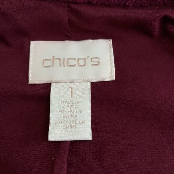 Chico's Boiled Wool Jacket 1 M Medium Burgundy Red Mock Neck Epaulettes Zipper - Picture 9 of 12